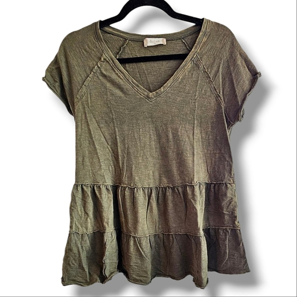 Altar'd State Olive Green Mineral Wash Tiered V-Neck Blouse Size Medium